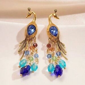 Elegant Gold and Blue Peacock Earrings